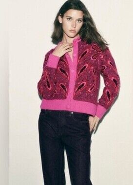 Zara Festive Pink/red  Chunky Cardigan Paisley  Bobble Size Small.